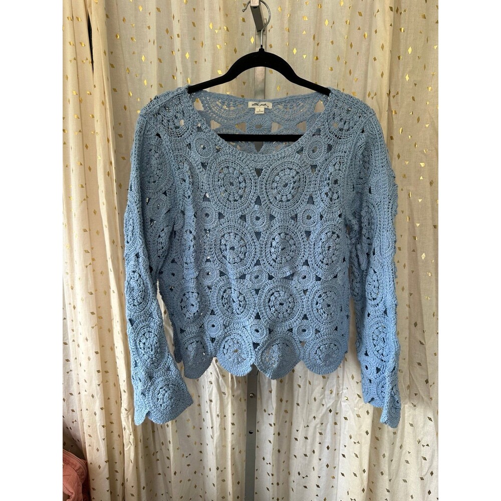 Ultra Pink Light Blue Crochet Circular Medallion Bell Sleeves Layering Sweater S